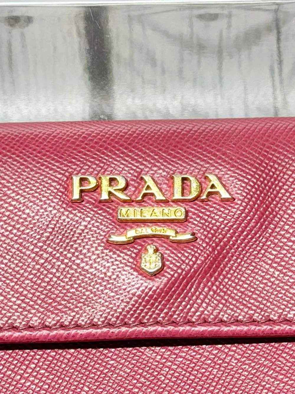 PRE LOVED Prada Card Wallet Pink Saffiano Leather